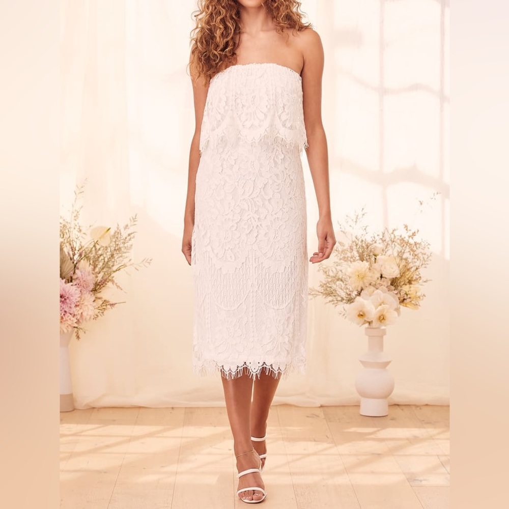 SOLD OUT***Lulu’s Delia White Lace Strapless Midi Dress s